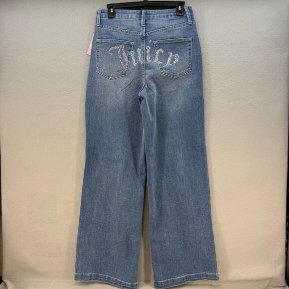 Juicy Couture Jeans Women's 7/28 Blue Lunita Wide Leg Rhinestone Logo Flare NWT - Picture 3 of 14